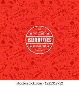 Seamless pattern and emblem for mexican restaurant. Design with images of chili pepper. White label on red background