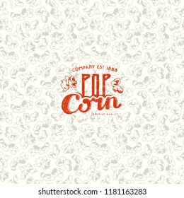 Seamless pattern and emblem for popcorn packaging. Color print