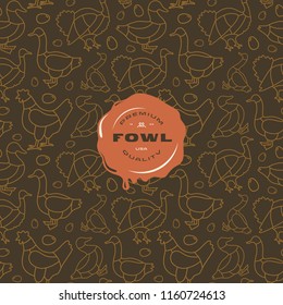 Seamless pattern and emblem for poultry shop. Chicken, goose, duck and turkey image in thin line style