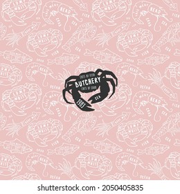 Seamless pattern and emblem in the style of handmade graphics for seafood shop. Crab, lobster, shrimp, fish and squid image. Vector illustration