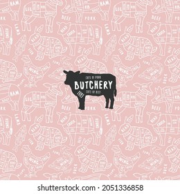 Seamless pattern and emblem in the style of handmade graphics for butchery. Beef, pork, lamb, rabbit, duck and chicken image. Vector illustration