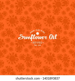 Seamless pattern and emblem for sunflower oil. Orange color background