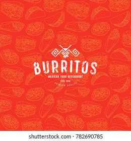 Seamless pattern and emblem for traditional mexican food restaurant. Illustration in thin line style. Print on red background