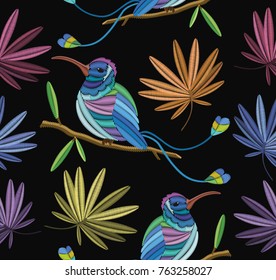 Seamless pattern Embriodary stitch humming bird tropical print illustration