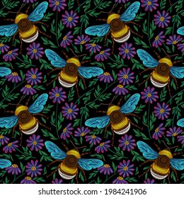 Seamless pattern with embroidered daisies and bumblebees