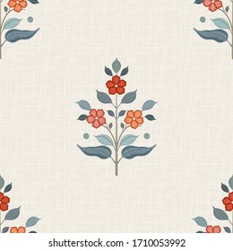 Seamless pattern with embroidered flowers on linen in oriental style