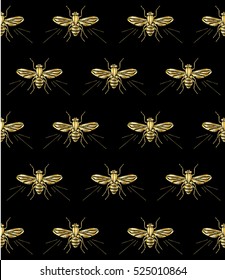 Seamless pattern. Embroidered gold fly on a black background. Insect embroidery. Vector.