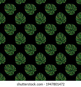 Seamless pattern of embroidered green tropical monstera palm leaves on black background. Embroidery stitches imitation