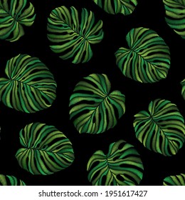 Seamless pattern of embroidered green tropical monstera palm leaves on black background. Embroidery stitches imitation
