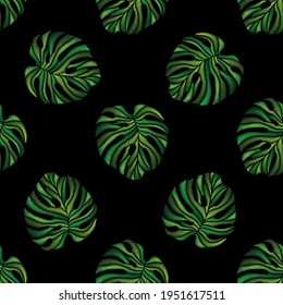 Seamless pattern of embroidered green tropical monstera palm leaves on black background. Embroidery stitches imitation