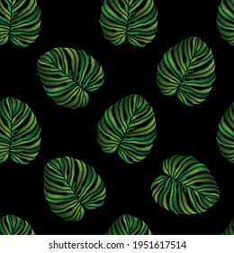 Seamless pattern of embroidered green tropical monstera palm leaves on black background. Embroidery stitches imitation