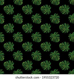 Seamless pattern of embroidered green tropical monstera palm leaves on black background. Embroidery stitches imitation