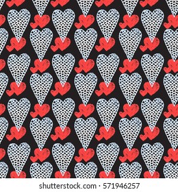 Seamless pattern with embroidered hearts, holiday, crochet, applique, patchwork