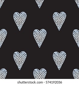 Seamless pattern with embroidered hearts, holiday, crochet, applique, patchwork