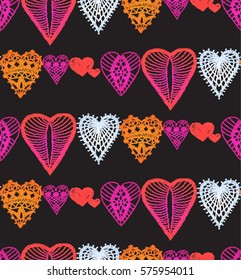 Seamless pattern with embroidered hearts, holiday, crochet, applique, patchwork
