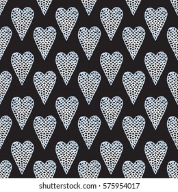 Seamless pattern with embroidered hearts, holiday, crochet, applique, patchwork
