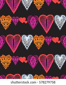Seamless pattern with embroidered hearts, holiday, crochet, applique, patchwork