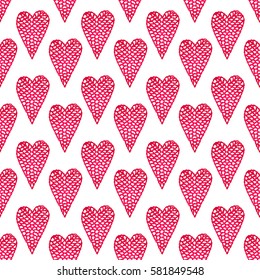 Seamless pattern with embroidered hearts, holiday, crochet, applique, patchwork