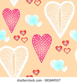 Seamless pattern with embroidered hearts, holiday, crochet, applique, patchwork