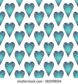 Seamless pattern with embroidered hearts, holiday, crochet, applique, patchwork
