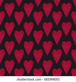 Seamless pattern with embroidered hearts, holiday, crochet, applique, patchwork
