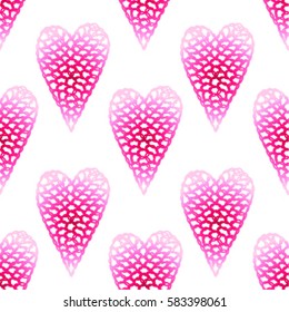 Seamless pattern with embroidered hearts, holiday, crochet, applique, patchwork