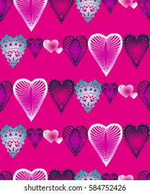 Seamless pattern with embroidered hearts, holiday, crochet, applique, patchwork