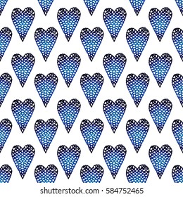 Seamless pattern with embroidered hearts, holiday, crochet, applique, patchwork