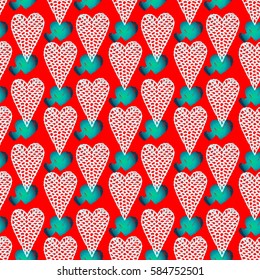 Seamless pattern with embroidered hearts, holiday, crochet, applique, patchwork