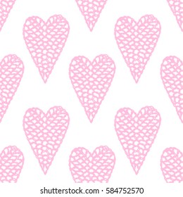 Seamless pattern with embroidered hearts, holiday, crochet, applique, patchwork