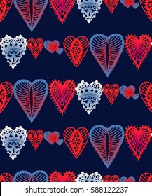 Seamless pattern with embroidered hearts, holiday, crochet, applique, 