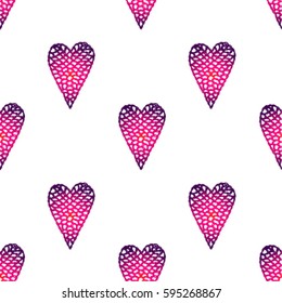 Seamless pattern with embroidered hearts, holiday, crochet, applique, patchwork