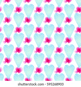 Seamless pattern with embroidered hearts, holiday, crochet, applique, patchwork