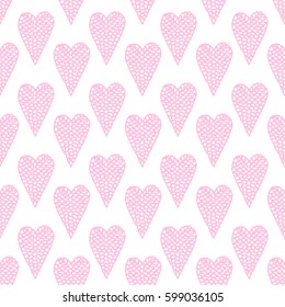 Seamless pattern with embroidered hearts, holiday, crochet, applique, patchwork