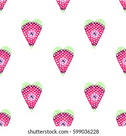 Seamless pattern with embroidered hearts, holiday, crochet, applique, patchwork