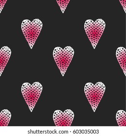Seamless pattern with embroidered hearts, holiday, crochet, applique, patchwork