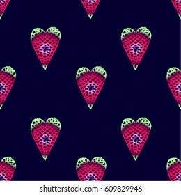 Seamless pattern with embroidered hearts, holiday, crochet, applique, patchwork
