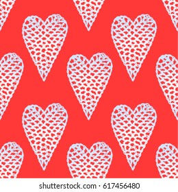 Seamless pattern with embroidered hearts, holiday, crochet, applique, patchwork