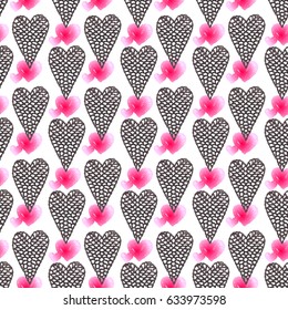 Seamless pattern with embroidered hearts, holiday, crochet, applique, patchwork