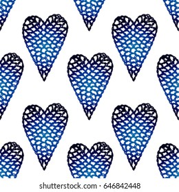 Seamless pattern with embroidered hearts, holiday, crochet, applique, patchwork