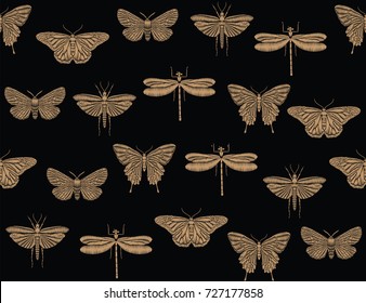  Seamless pattern with embroidered insects. Golden butterflies and dragonflies on a black background for textile or book covers, manufacturing, wallpapers, print, gift wrap
