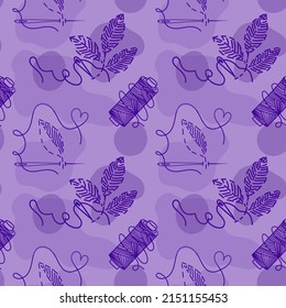 Seamless pattern of embroidered leaves, hand-drawn doodles in sketch style. Reel of thread. Needle and thread. Embroidery. Handmade. Thread. Fancy purple palette illustration.