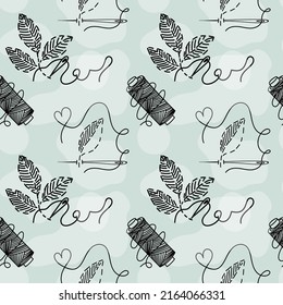 Seamless pattern of embroidered leaves, hand-drawn doodles in sketch style. Reel of thread. Needle and thread. Embroidery. Handmade. Thread. Illustration of a fantasy background.