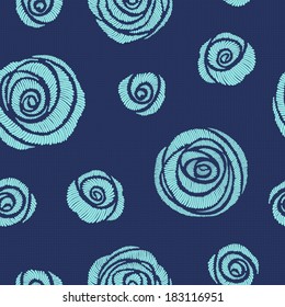 Seamless pattern with embroidered light blue roses (satin stitch)