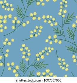 Seamless pattern with embroidered mimosa sprig