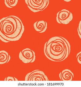 Seamless pattern with embroidered orange roses (satin stitch)