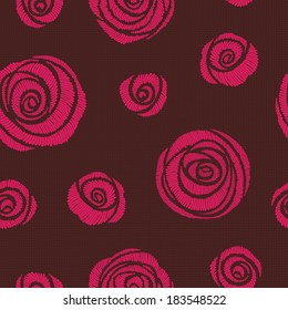 Seamless pattern with embroidered pink roses on a chocolate background (satin stitch)