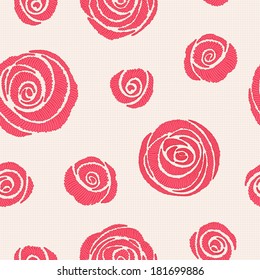 Seamless pattern with embroidered roses (satin stitch).