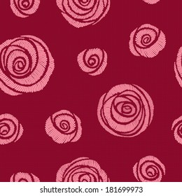 Seamless pattern with embroidered roses (satin stitch).