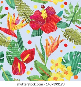 Seamless pattern with embroidered tropical flowers and leavess. Vector illustration